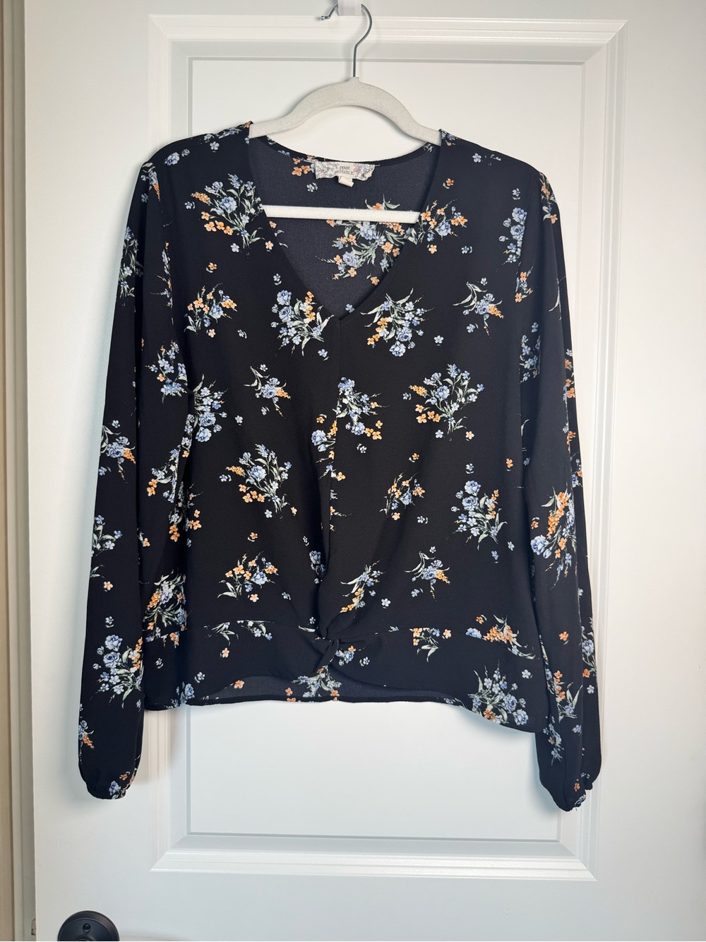 Pink Republic Black Floral V-Neck Long Sleeve Blouse with Twist Hem